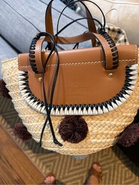 Cuba*Lab habanera small tote - Straw Tote with Brown Leather Trim and pom poms